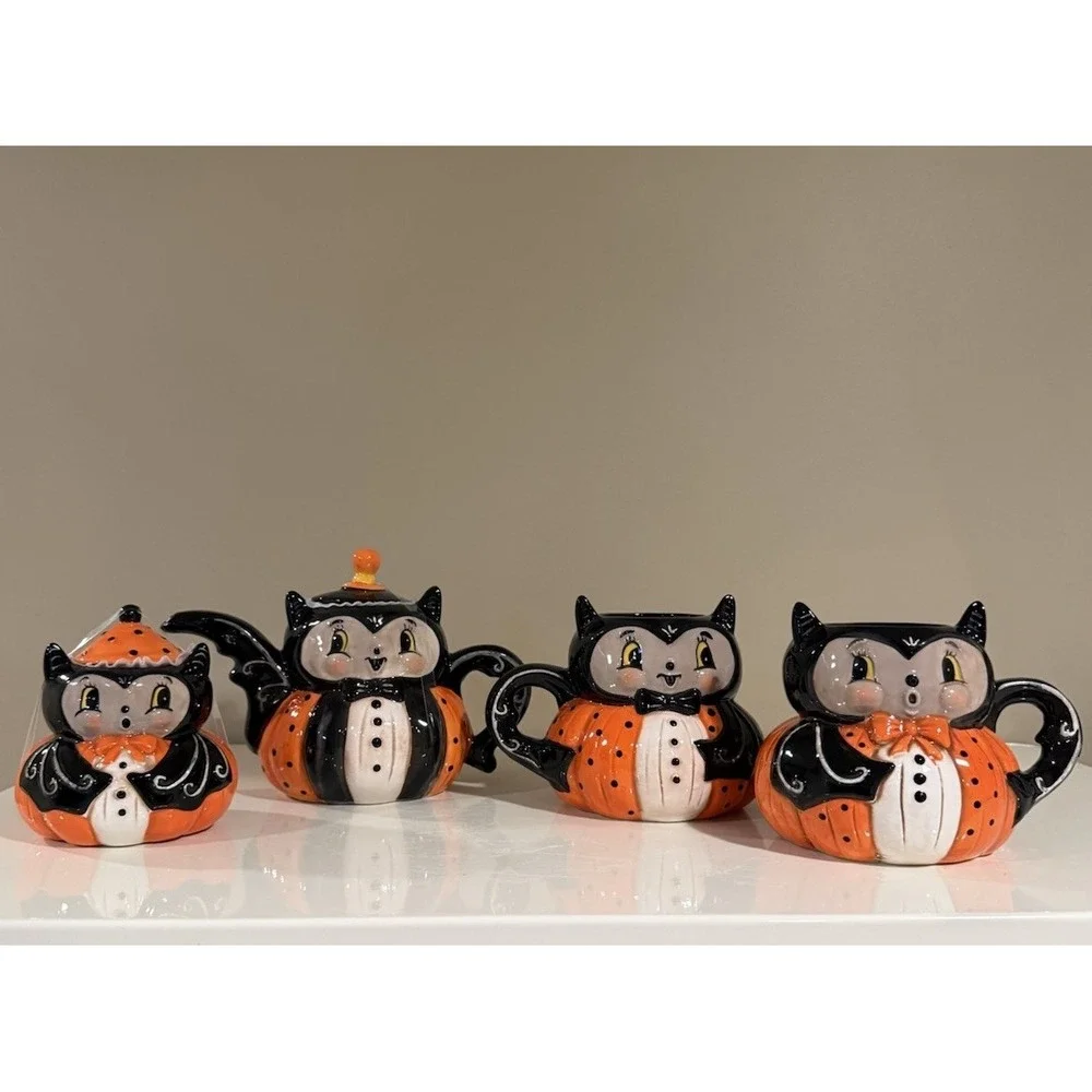 Johanna Parker Bat Tea Set - Tea Pot, Mugs & Sugar Bowl - Halloween Decor